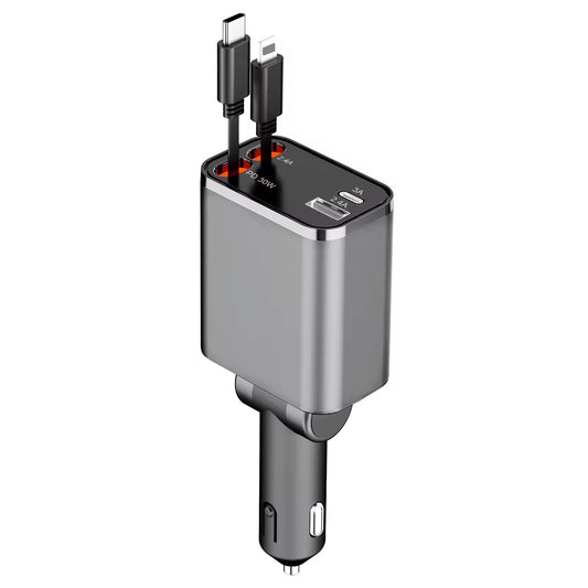 Folding 4 in 1 Retractable Car Charger, 69W Car Phone Charger with Cables, Fast Charging USB C and Iphone Car Charger Adapter